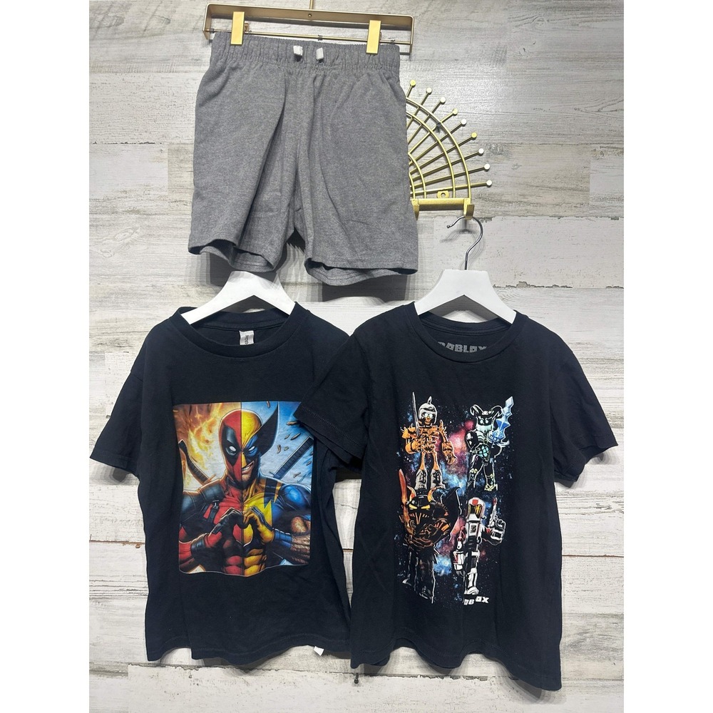 Marvel Roblox T-Shirt Shorts Set Boys 6/7 Black Grey Graphic 3pc Bundle EUC